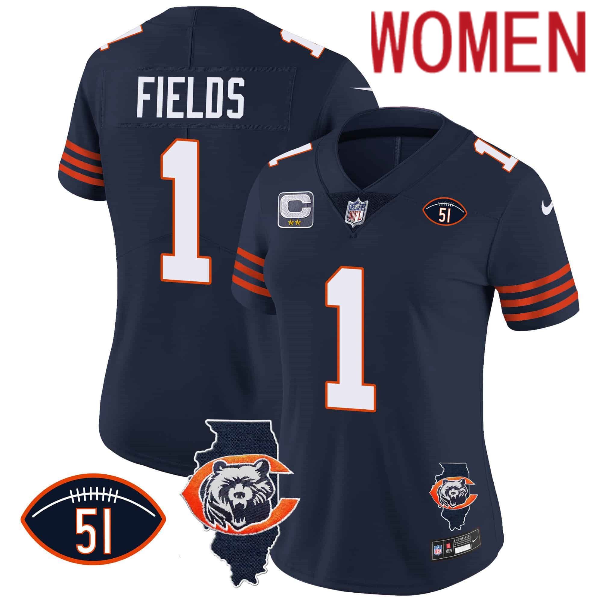 Women Chicago Bears #1 Fields Blue 2024 Nike Throwback Illinois Patch Vapor NFL Jersey style 1->customized nfl jersey->Custom Jersey